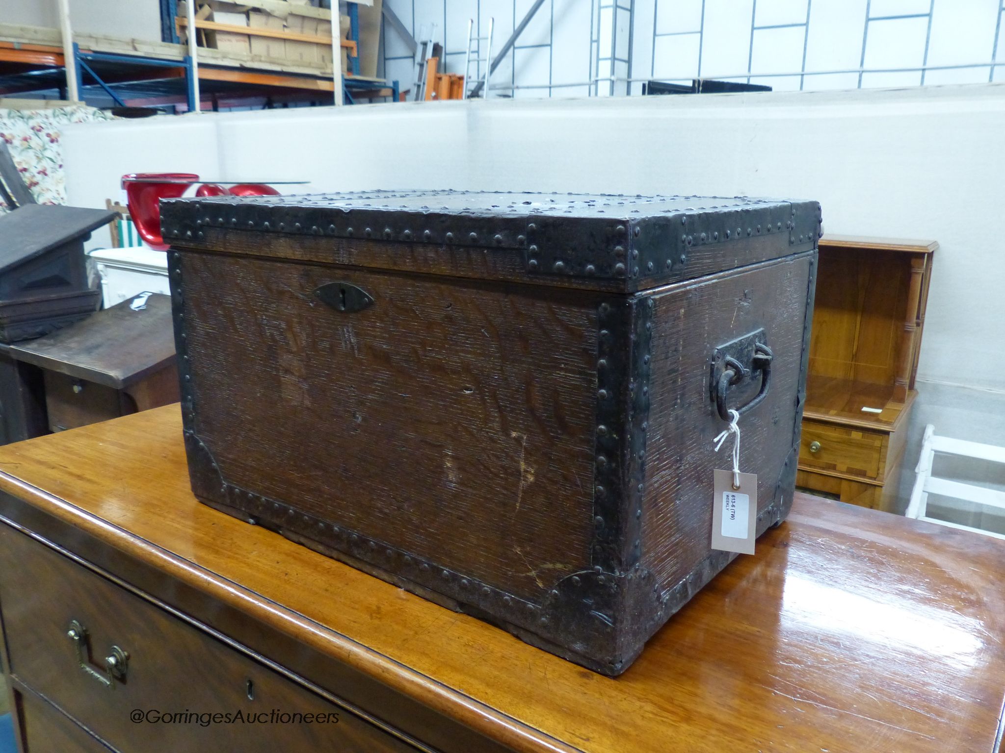 A small Victorian iron-bound oak chest, width 54cm, depth 38cm, height 33cm